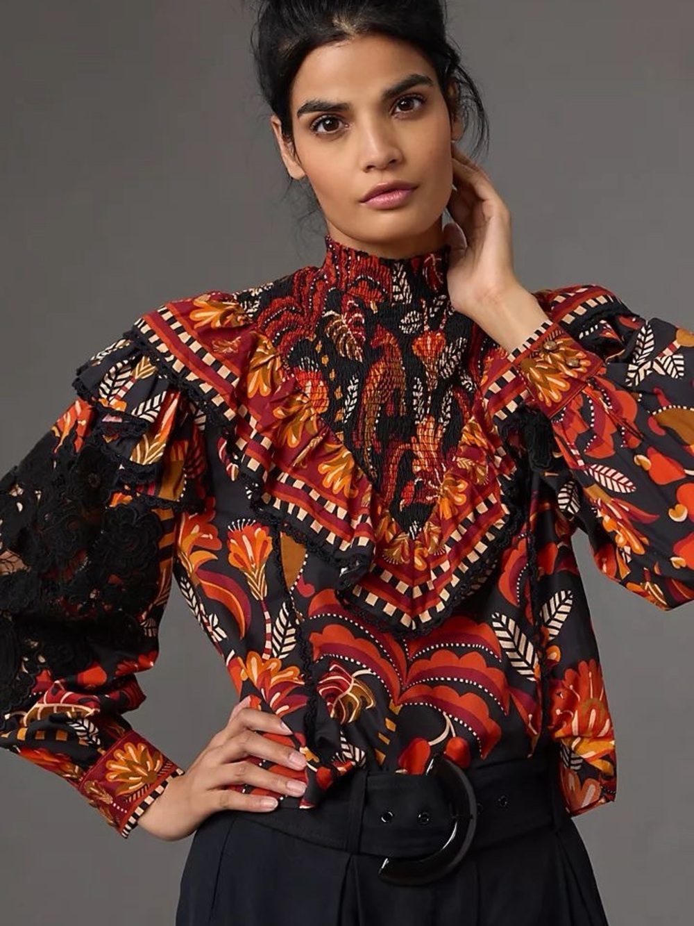 FARM Rio Black Multicolor High-Neck Ruffled Floral Blouse - Picture 4 of 13